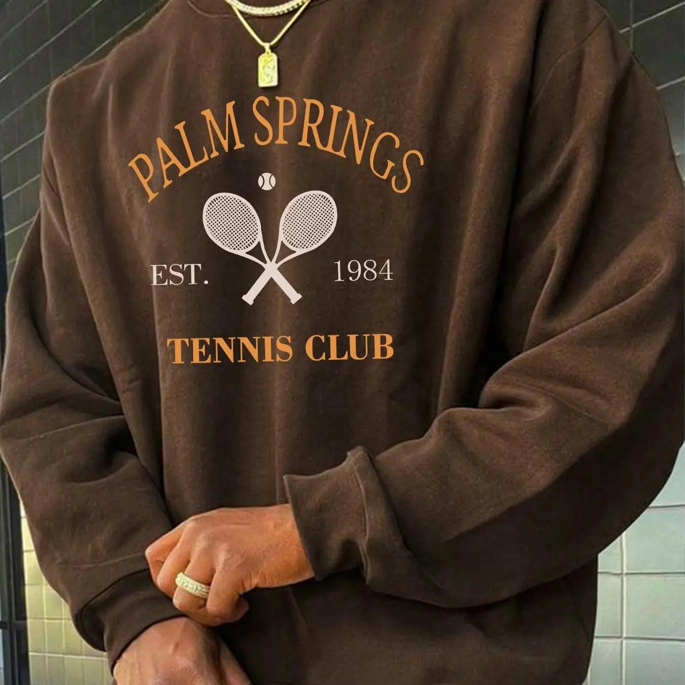 Unisex's Letter & Tennis Racket Print Drop Shoulder Sweatshirt, Regular Fit Casual Soft Comfy Long Sleeve Round Neck...