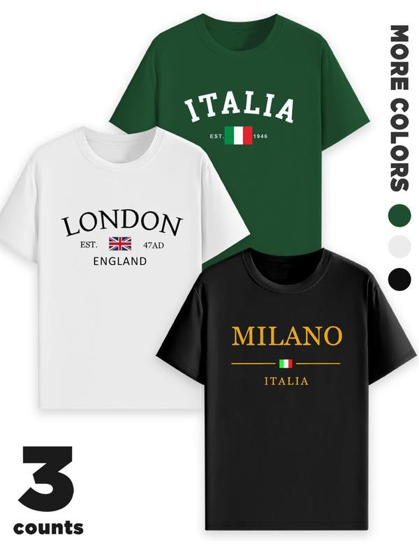 Unisex's Letter Print Round Neck Graphic Tee, Regular Fit Casual Short Sleeve T-shirt for Summer, Men's Top for Daily...