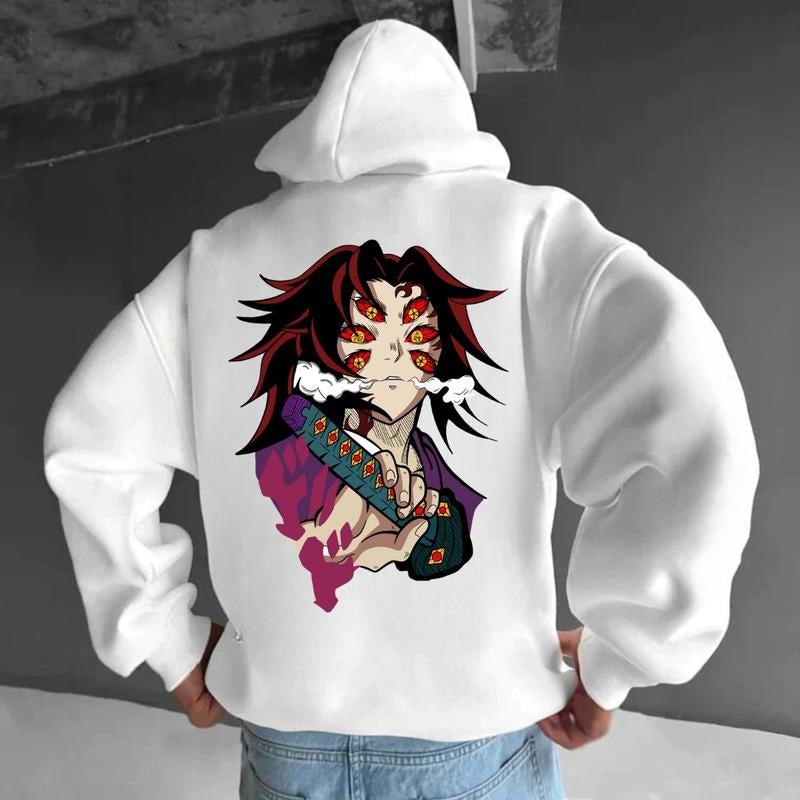 Upper Moons 2 Side Hoodie - Kokushibo Demon Style, Graphic Anime Design, White, Cotton Blend, Suitable for Casual Wear...