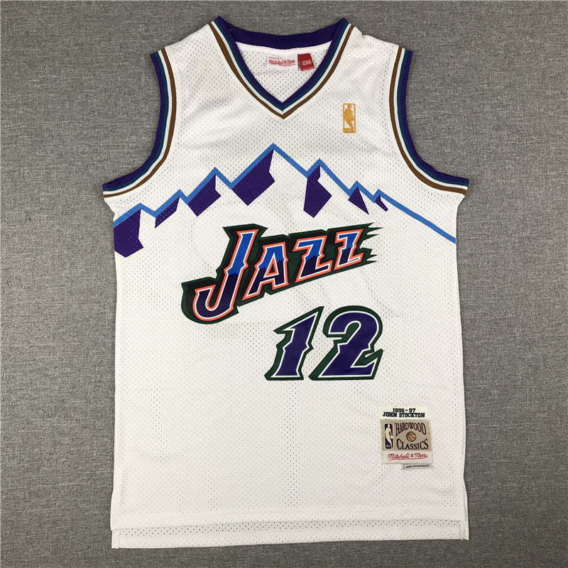 Utah Jazz #12 John Stockton MN Jazz 12 White Retro Gold Logo Style 2