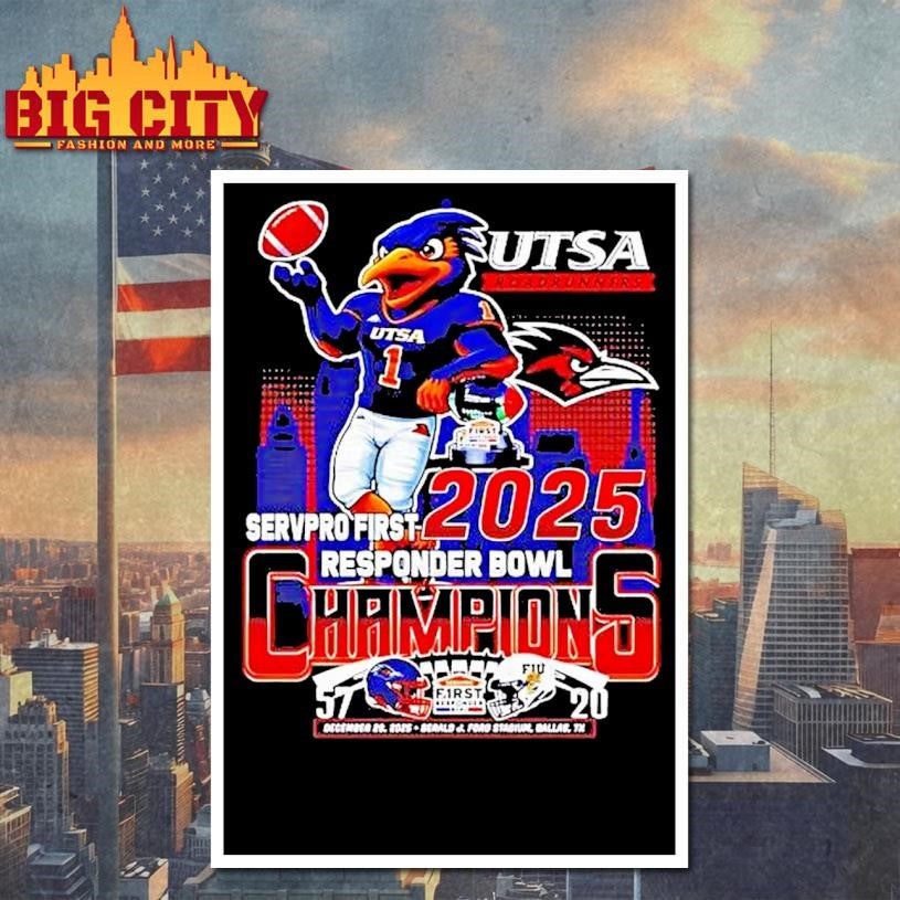 Utsa Roadrunners 2025 Responder Bowl Champions Mascot Skyline Shirt