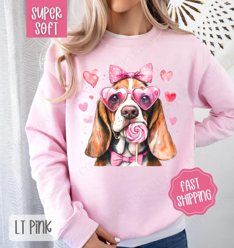 Valentine Bassett Hound Sweatshirt, Valentine's Day Crewneck, Cute Women's Sweater T-Shirts, Hoodie | WearSparks.com