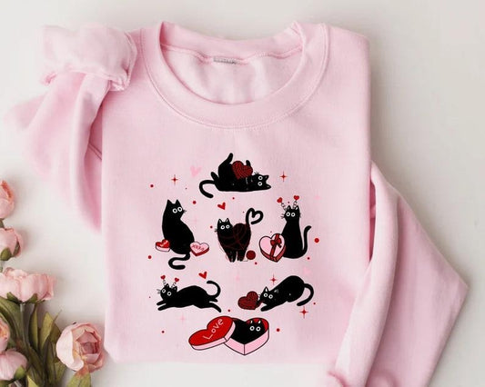 Valentine Black Cat Sweatshirt, Black Cat Love Shirt, Kitten Valentine Shirt, Cat Lover Gift, Cat Mom Sweater, Lover...