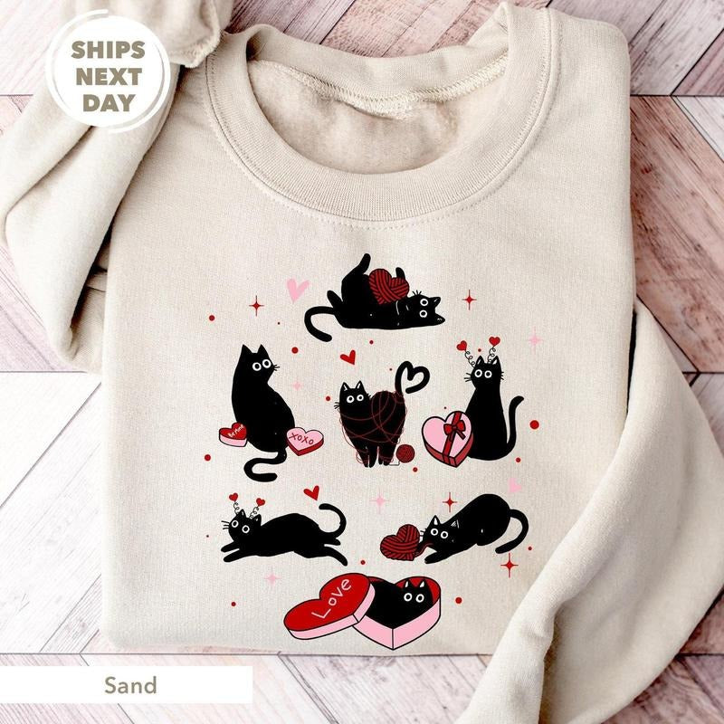Valentine Black Cat Sweatshirt, Black Cat Love Shirts, Kitten Valentine Shirt, Cat Lover Gift, Cat Mom Sweater, Lover...