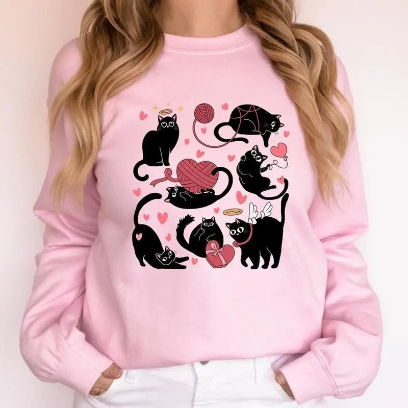 Valentine Cats Tshirt Sweatshirt, Black Cat Valentine Shirt, Cat Lover Gifts, Cat Valentine Heart Shirt, Cat Lover Tee,...
