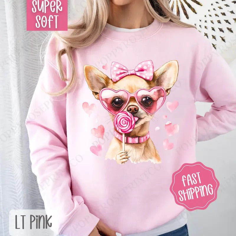Valentine Chihuahua Sweatshirt, Valentine's Day Crewneck, Cute Women's Sweater T-Shirts, Hoodie | WearSparks.com