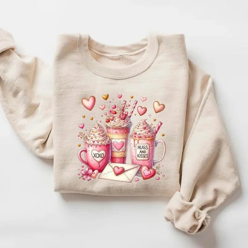 Valentine Coffee Sweatshirt, Womens Valentines Day Shirt, XOXO Sweatshirt, Coffee Lover Sweatshirt, Pink Coffee Valentine...