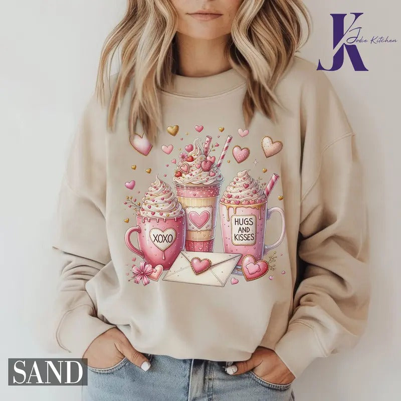 Valentine Coffee Sweatshirt, Womens Valentines Day Sweater, XOXO Sweatshirt, Coffee Lover Gift, Pink Coffee Valentine...