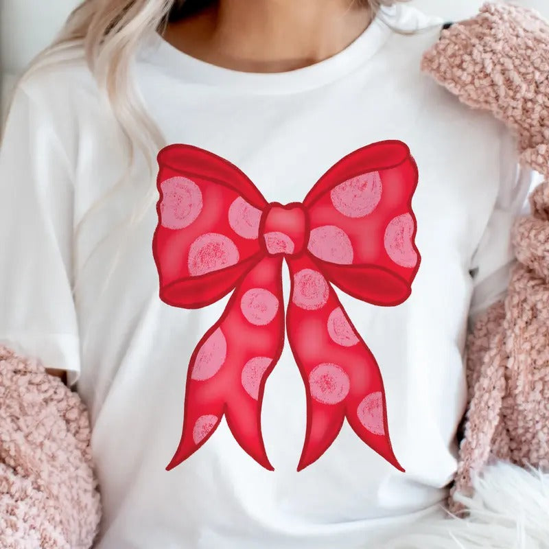 Valentine Coquette Tee Polkadot Red Bow Tshirt Red Coquette Valentine Top Womens Valentine T-Shirt Casual Lightweight...