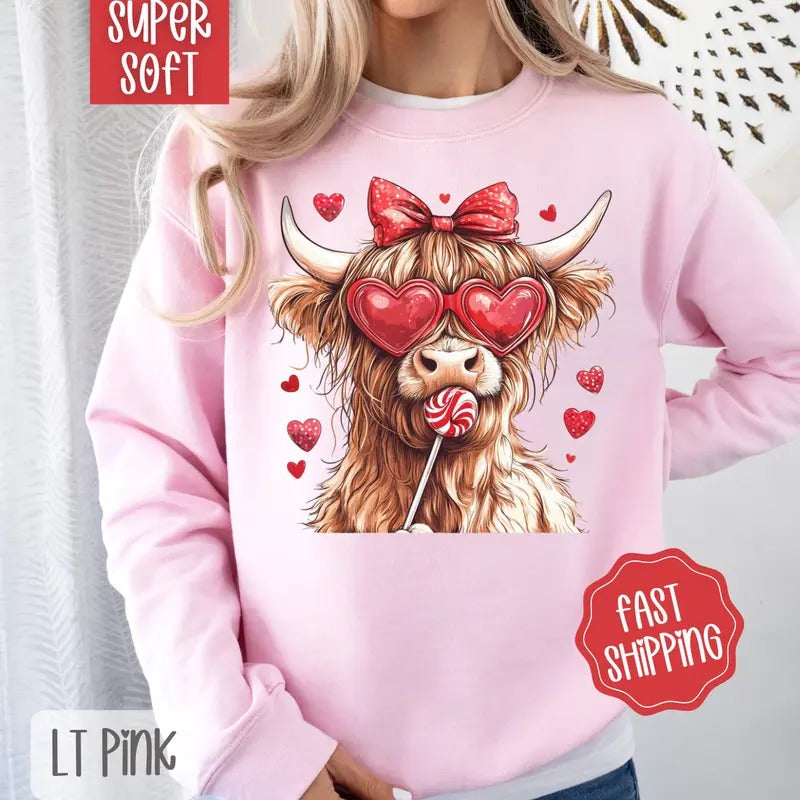 Valentine Cow Sweatshirt, Valentine's Day Crewneck, Cute Women's Sweater T-Shirts, Hoodie | WearSparks.com