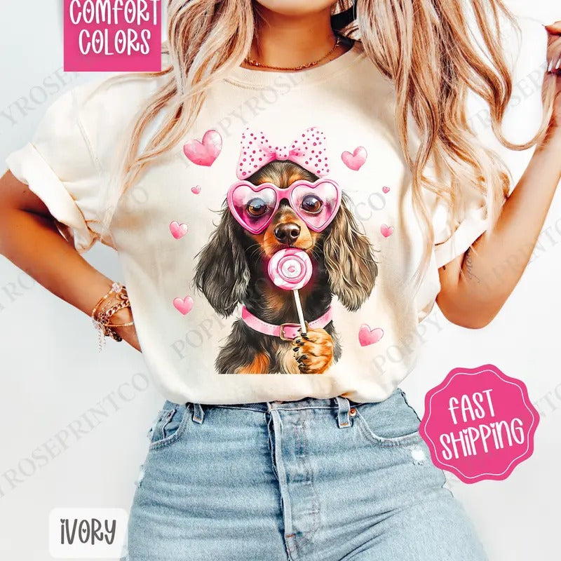 Valentine Dachshund Shirt Comfort Colors, Dog Valentine's Day Women's Tee, Cute Women's Tshirt for Valentines Hoodie,...