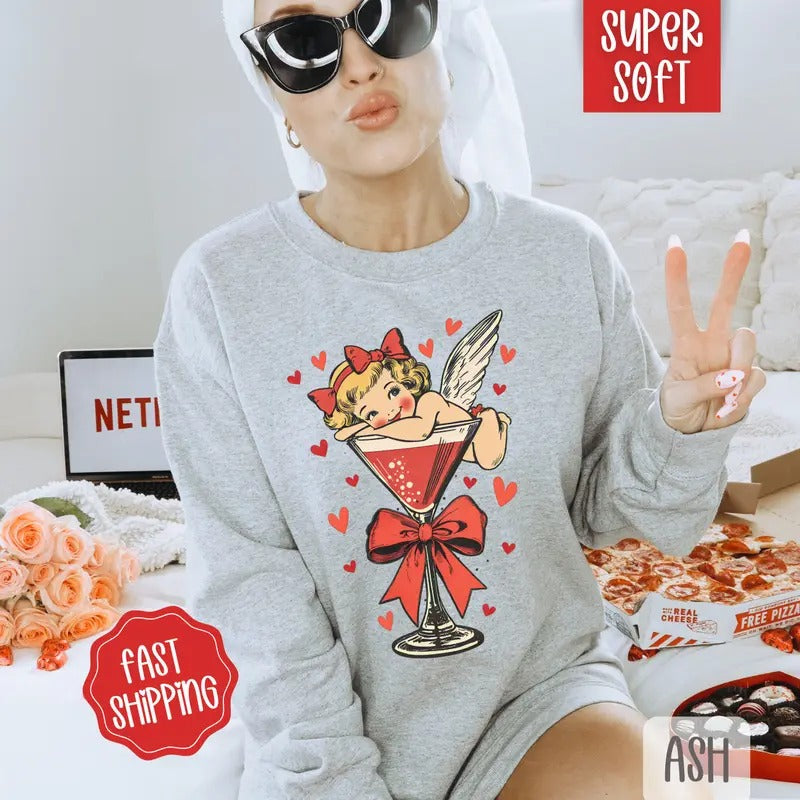 Valentine Sweatshirt Cupid Martini, Valentine's Day Crewneck, Holiday Women's Sweater valentine sweatshirt T-Shirts, Hoodie