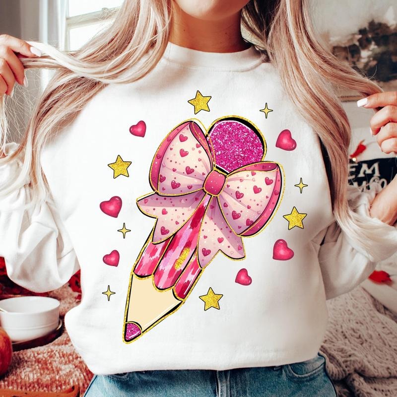 Valentine Teacher Coquette Bow Pencil Sweatshirt, Glitter Valentine Teacher Heart Sweatshirt, Teacher Valentine  ,...