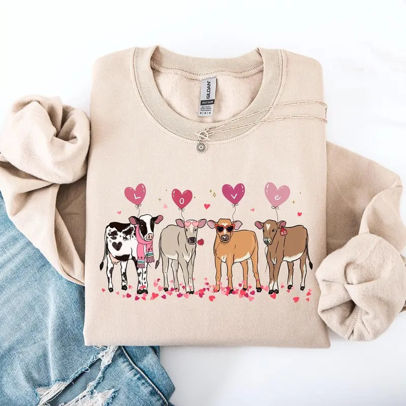 Valentine's Calves, Cows, Cute, Farm Life, Love, Hearts Sweatshirt, Crew Neck, Women's, Crewneck, Valentine's Day, Love,...