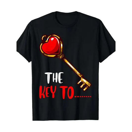 Valentine's Day 'Key to Your Heart' Couples T-Shirt - 100% Cotton, Casual Crew Neck Tee with Geometric Design, Machine...