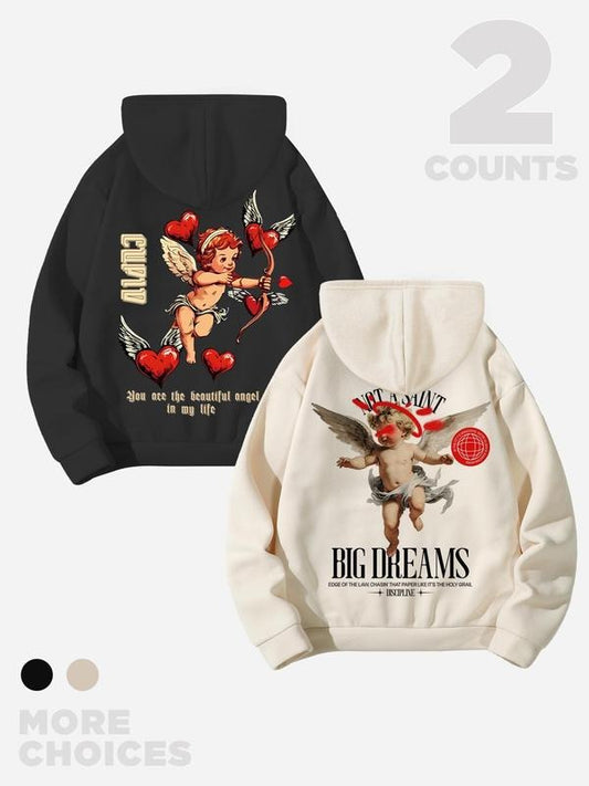 Valentine's Day Men's Cartoon Cupid & Letter Print Drop Shoulder Hoodie, Fashion Casual Regular Fit Drawstring Pocket...