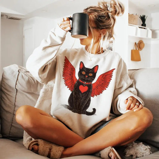 Valentine's Day with Black Cat Sweatshirt, Valentine Sweatshirt, Heart Love Cat Valentine Shirt, Cat Lover Sweatshirt,...