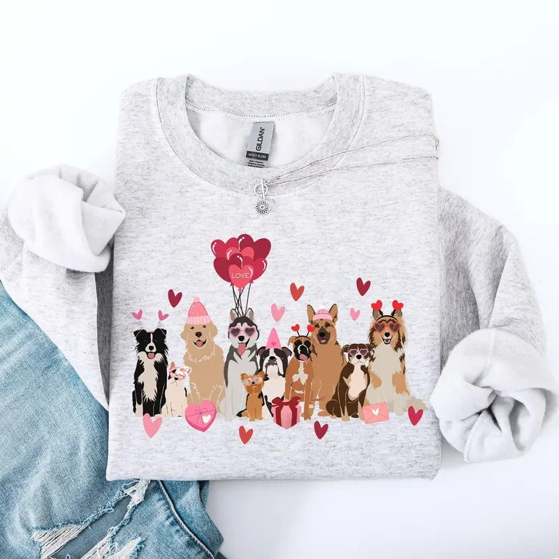 Valentine's Dogs, Cute, Balloons, Animal Lover, Hearts, Love Sweatshirt, Crew Neck, Women's, Crewneck, Valentine's Day,...