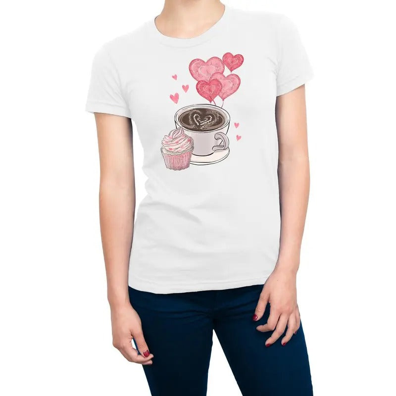 Valentines Coffee Cupcake & Hearts Women's T-Shirt Casual Crewneck Hoodie, Sweatshirt | WearSparks.com