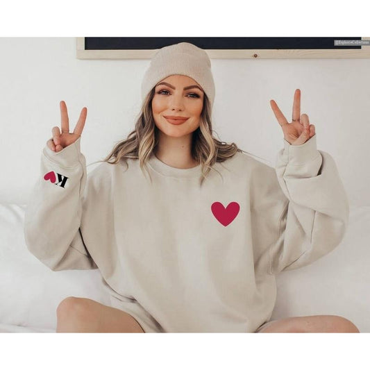 Valentines Custom Initial Heart Sweatshirt Hoodie T-Shirt, Letter on Sleeve Love Day Sweater Gift, Couple Family Group...