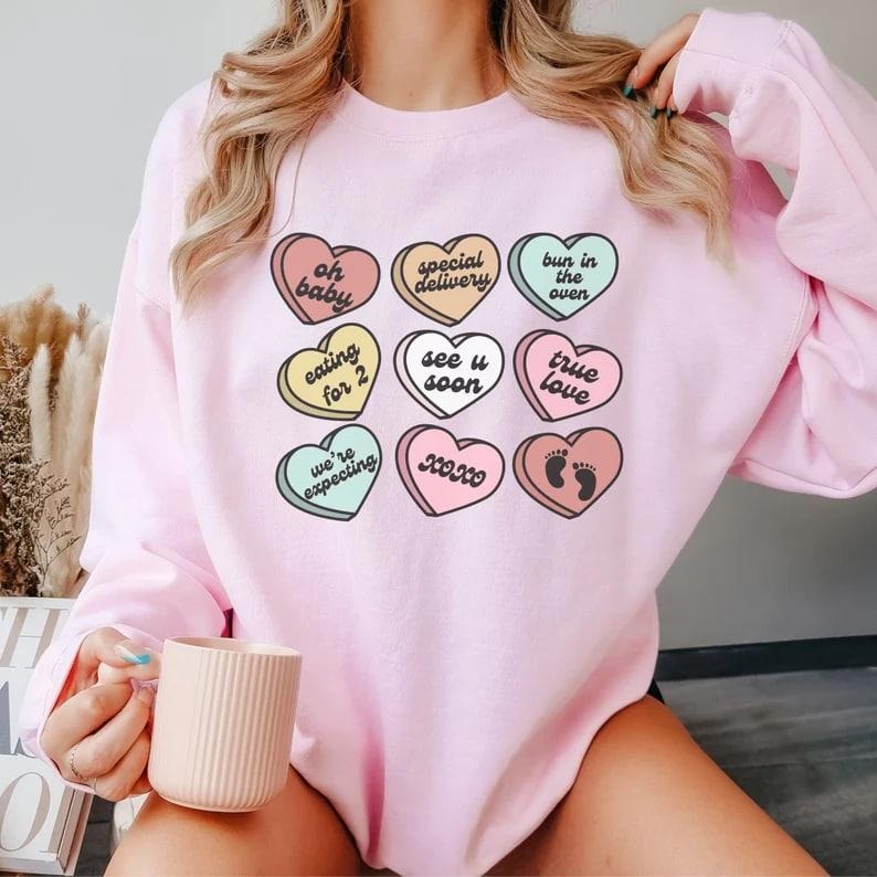Valentines Day Pregnancy Announcement Sweatshirt Pregnant Candy Hearts Valentine Maternity Sweater February Gender Reveal...