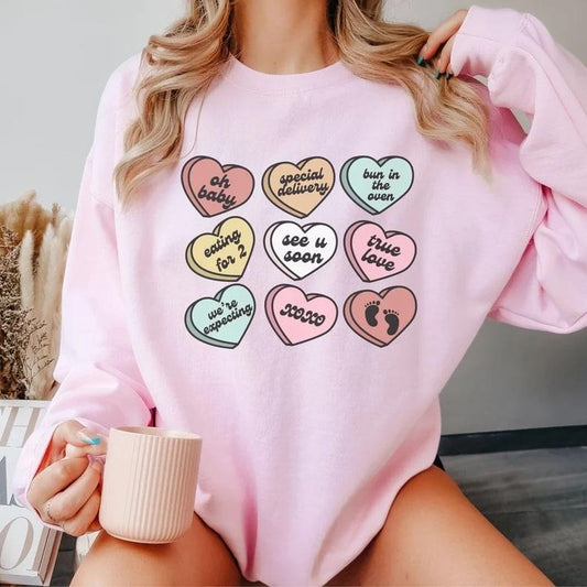 Valentines Day Pregnancy Announcement Sweatshirt Pregnant Candy Hearts Valentine Maternity Sweater February Gender Reveal...