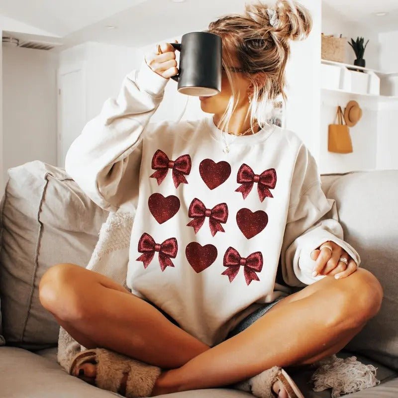 Valentines Day Sweatshirt, Coquette Valentines, Coquette Bow Sweatshirt, Valentines clipart Sweatshirt, Trendy Vday Shirt...