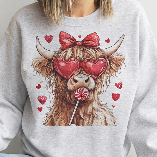 Valentines Highland Cow Sweatshirt  Retro Coquette Cow Pullover Country Valentine Cow Sweatshirt Heart Sunglasses Red Bow...
