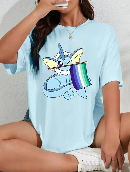 Vaporeon Genderqueer Pride T-Shirt, Cute LGBTQ+ Fan Art Tee, Genderqueer Vaporeon Pride Tee, Aqua Fox Genderqueer Flag...