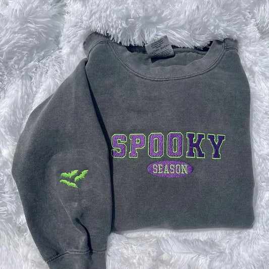 Varsity Spooky Season Sweatshirt, Halloween Sweatshirt, Spooky Season Sweatshirt, Halloween Crewneck, embroidered...