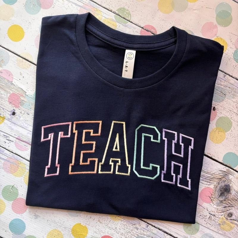 Varsity Teach Tee Teacher Shirt Navy Pastel Hoodie, Sweatshirt | WearSparks.com