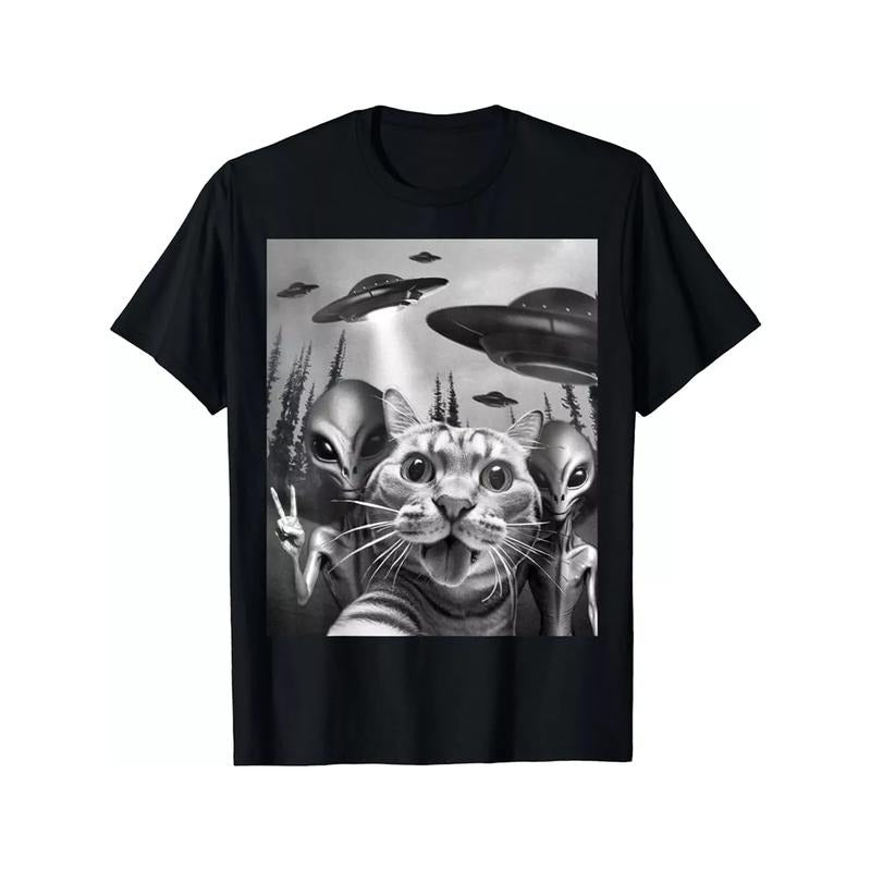 Vibrant Funny Cat UFO Selfie Graphic Print Men's Casual Cotton T-Shirt - Relaxed Fit, Short Sleeve, Crew Neck, Soft...