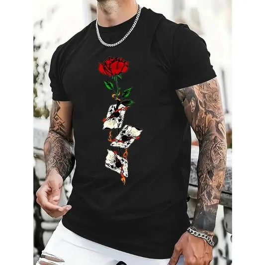 Vibrant Rose Print Crew Neck Short Sleeve T-Shirt - Soft Cotton, Breathable, Comfortable, Casual Wear for Summer...