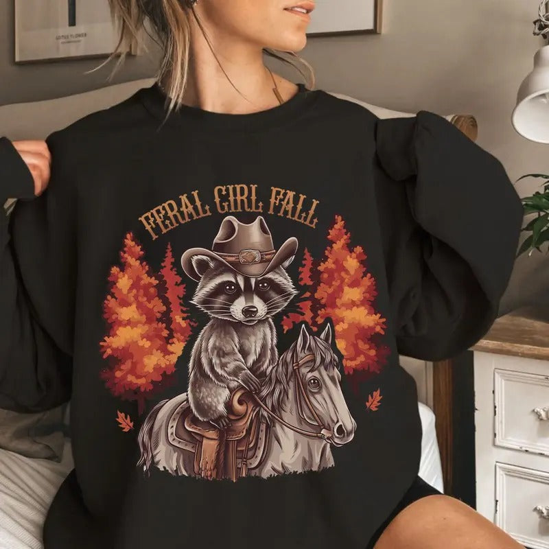 Vinatge Feral Girl Fall Cowgirl Country Side Western Sweatshirt, Cowgirl Fall Tree Riding Horse Unisex Shirt Hoodie
