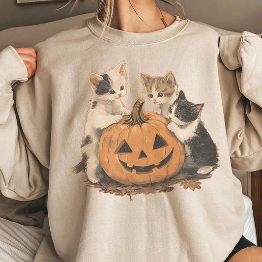 Vintage 90s Cat Halloween Sweatshirt, Retro Halloween Shirt, Spooky Season Tee, Pumpkin Shirt, Cat Lover Shirt, Black...