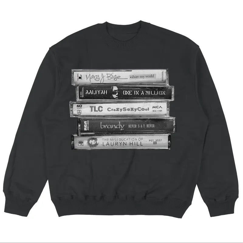 Vintage 90s Female R&B Singers Sweatshirt with Aaliyah, Lauryn Hill and One In a Million Album Cassette Design for Women...
