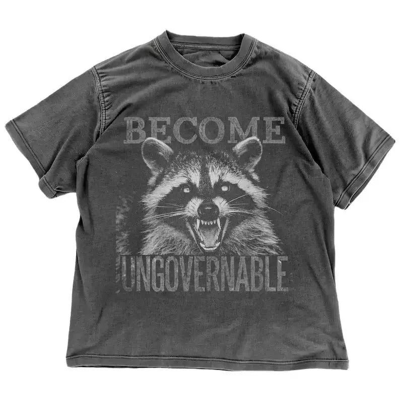 Vintage Angry Raccoon Become Ungovernable Grunge Graphic T-Shirt - Trash Panda Meme Graphic Shirt - Funny Animal Shirt