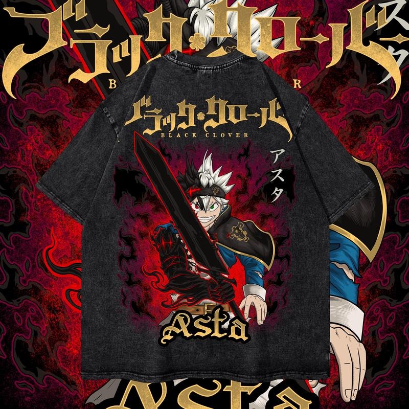 Vintage Asta Washed Oversized T-Shirt, Black Clover Anime Washed Heavy Cotton Special Graphic T-shirt Hoodie, Sweatshirt