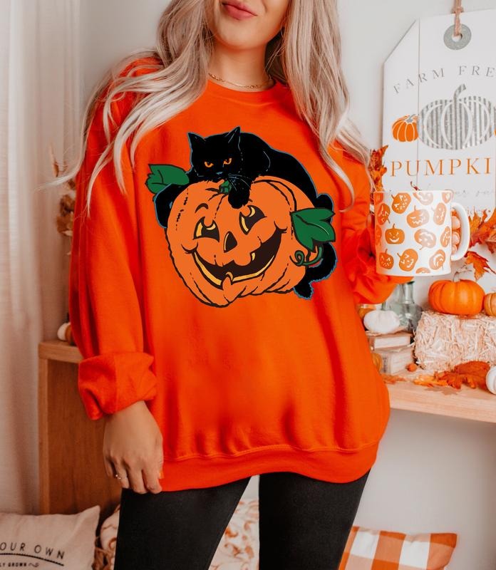 Vintage Black Cat On Pumpkin Sweatshirt, Retro 90s Halloween Shirt, Black Cat Pumpkin Shirt, Pumpkin Face Shirt, Fall...