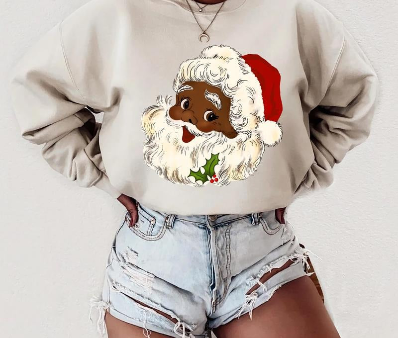 Vintage Black Santa Claus Sweatshirt, Black Santa Christmas Tee Shirt, Black Santa Xmas Sweater, Cute Christmas...