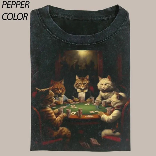 Vintage Cat Gang Playing Poker Crewneck T-shirt, Funny Cat Lover Graphic Tee, Valentine's Day For Her, Valentine's Gift...