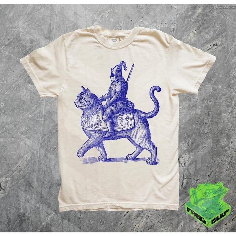 Vintage Cat Knight Meme Tshirt, Retro 90s Tattoo Kitten Medieval Tee, Y2k Dark Art Grimdark Funny Gag Gift, Cat Lover...