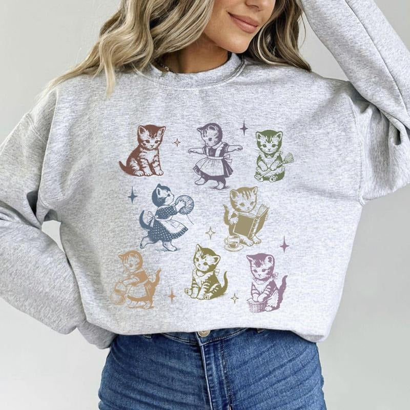 Vintage Cats Funny Unisex T-shirt Sweatshirt Hoodie Retro Cat Pattern Crazy Black Cat Owner Cotton Fit | WearSparks.com