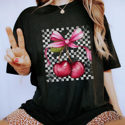 Vintage Coquette Aesthetic Cherries Tees, Retro Cherry Graphic Tee Women, Checkered Board Cherries Unhinged Shirts, Viral...