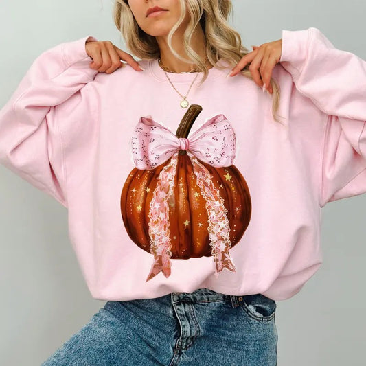 Vintage Coquette Bow Pumpkin Sweatshirt, Pink Bow Pumpkin Crewneck For Girls, Girly Fall Pumpkin Sweater, Gothic...