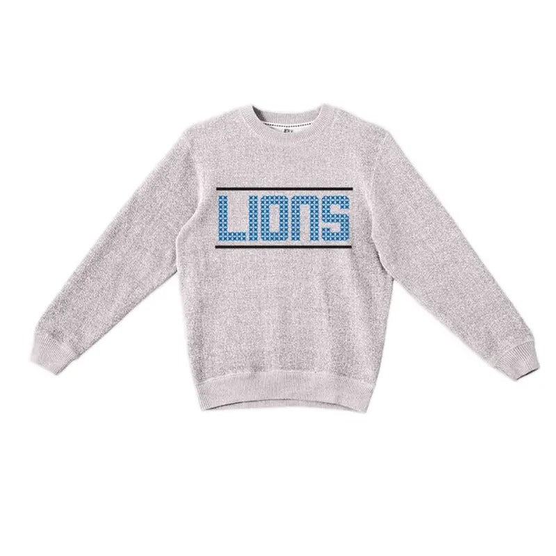 Vintage Detroit Style Football Sweatshirt Crew Neck Classic Cotton Fabric Knit Long Pullover with Graphic "LIONS" Design...