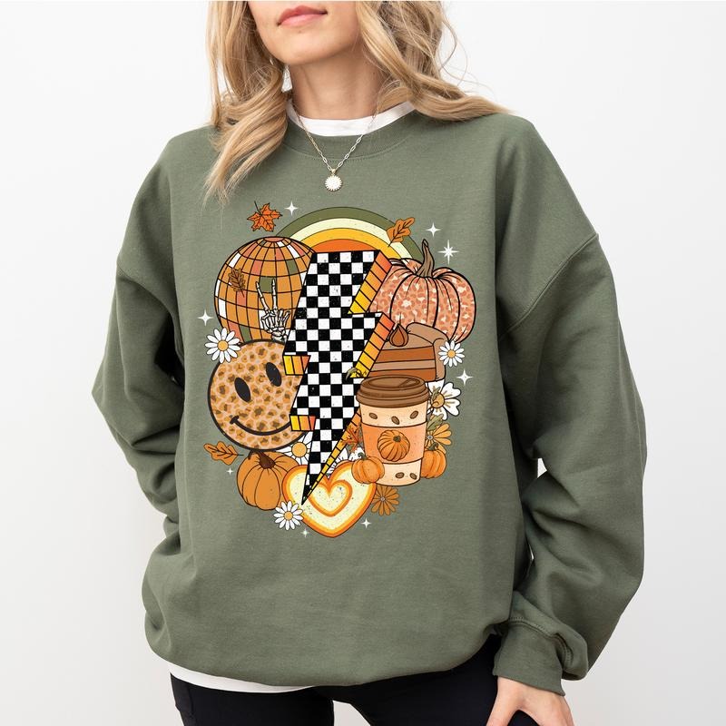 Vintage Fall Groovy Graphic Sweatshirt, Retro Funny Smile Face Crewneck, Hello Fall Sweatshirt, Autumn Smile Face...