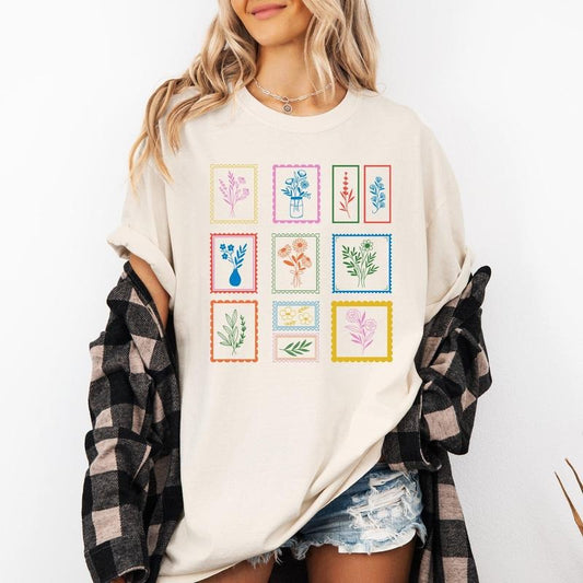 Vintage Floral Stamps, Flowers, Minimalist, Cute, Classic, Comfort Colors T-Shirt, Women's Comfort Colors Tee Hoodie,...
