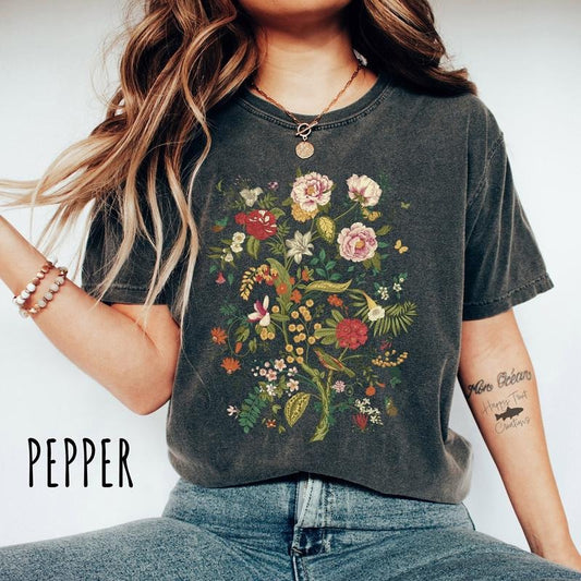 Vintage Flower Shirt, Bird TShirt, Gift For Her, Gift For Mom, Nature Shirt, Gardening Shirt, Floral Tee, CottageCore...