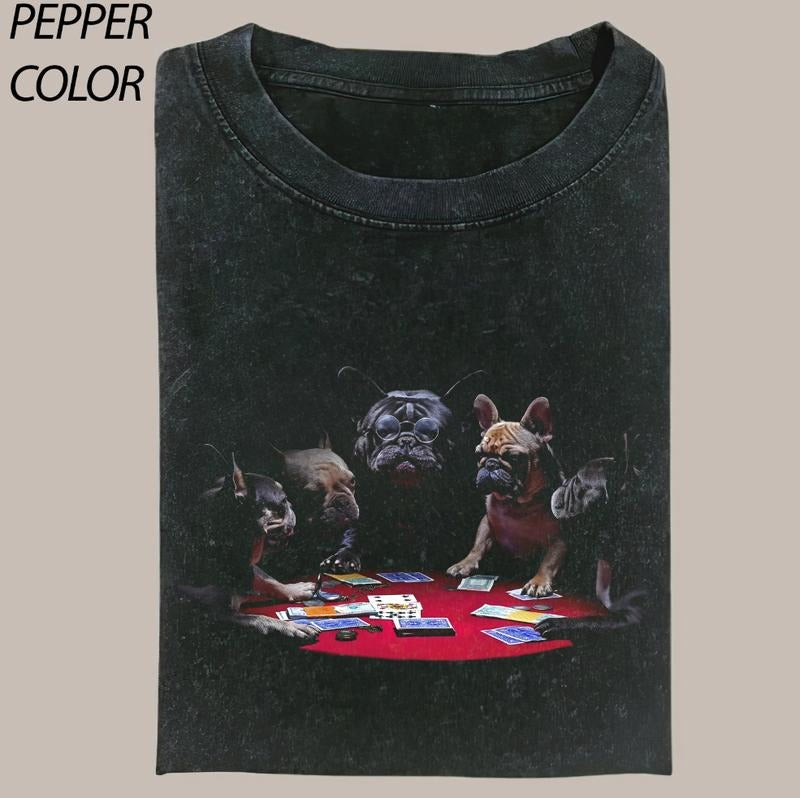 Vintage French Bulldog Playing Poker Graphic T-shirt, Funny Dog Lover Graphic Tee , Valentine's Day For Him, Valentine's...